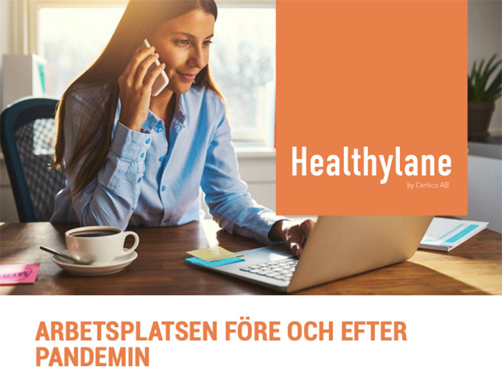 En kvinna sitter vid en dator och pratar i sin mobiltelefon, Healthylanes logga.